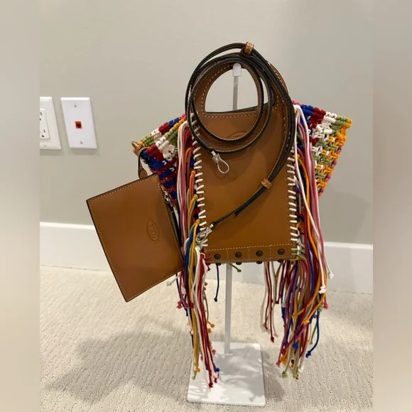 Tod’s Gommini shopping bag mini in leather and macrame multi color boho fringe